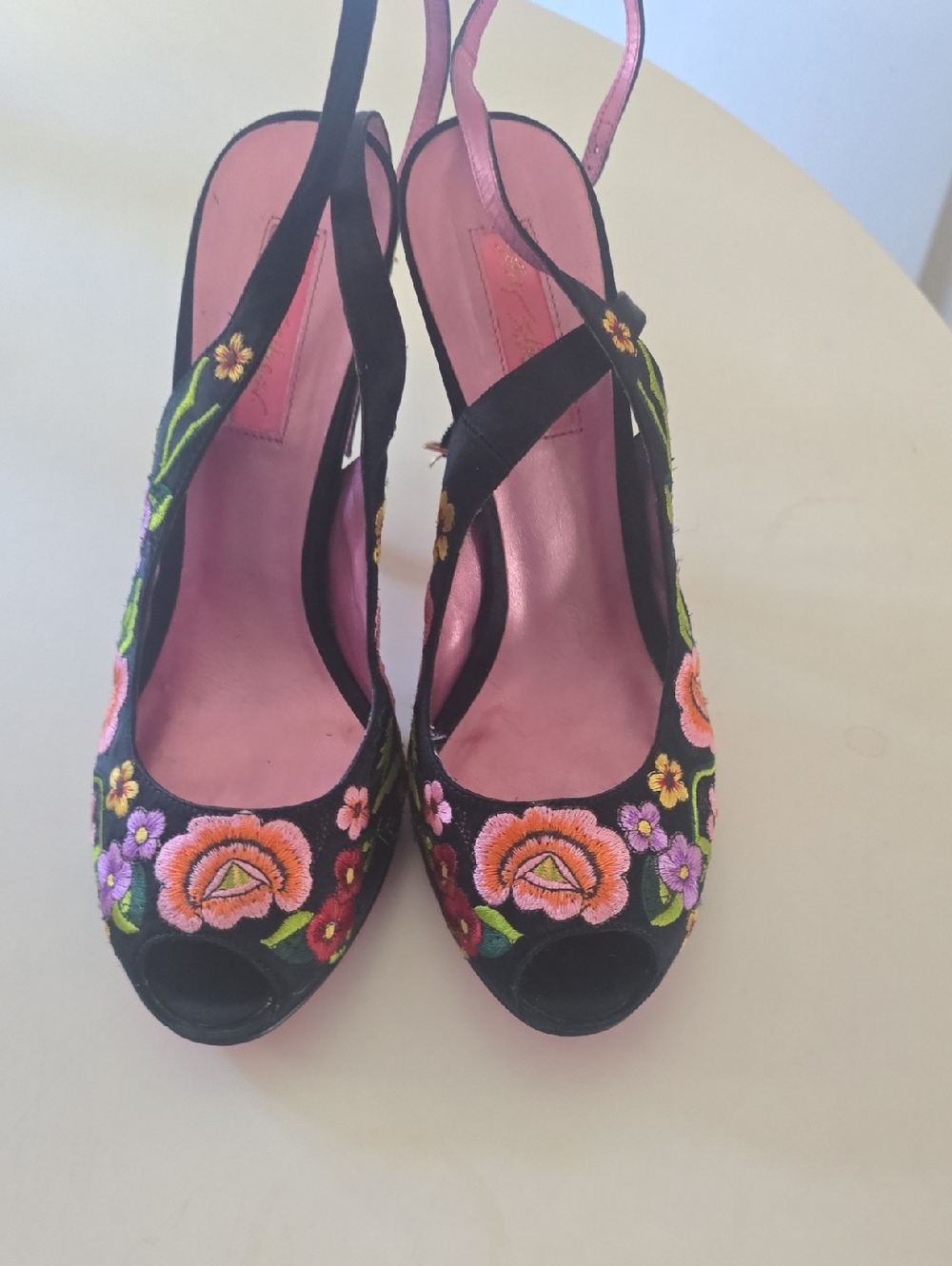 Betsey Johnson Embroidered Black Peep-Toe Slingback Heels - Pink Lining